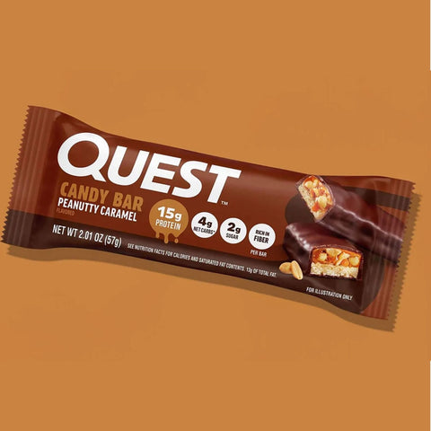 Guiltfree Quest Nutrition Peanutty Caramel protein bar in brown packaging with chocolate, caramel, and peanut imagery