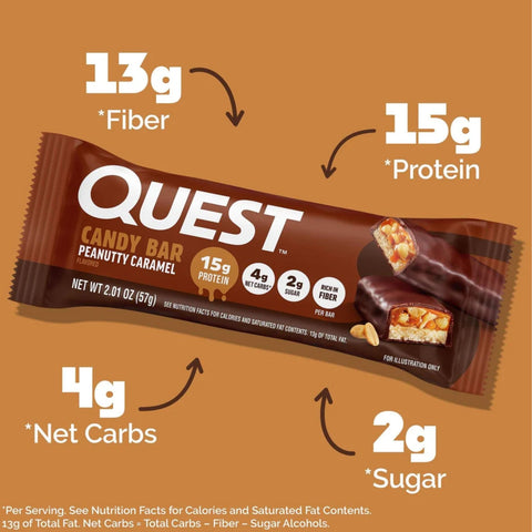 Guiltfree Quest Nutrition Peanutty Caramel protein candy bar packaging showing 15g protein and 13g fiber content.