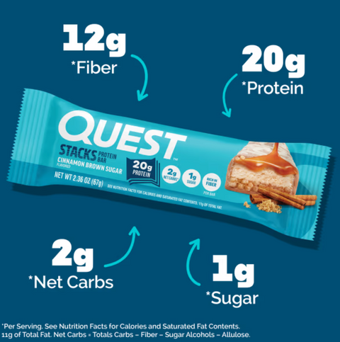 Guiltfree baton proteinowy Quest Stacks o smaku cynamonki z brązowym cukrem, 20g białka i 1g cukru w opakowaniu