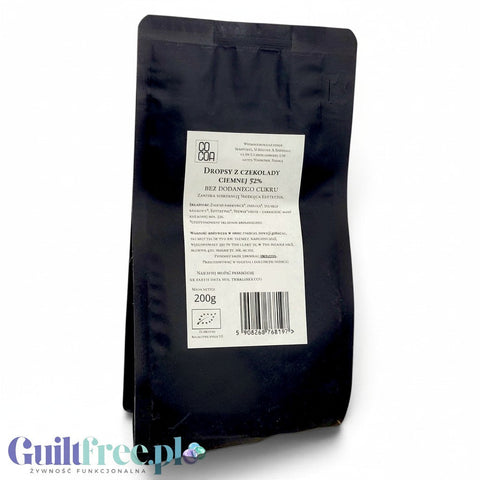Ciemna czekolada 52% w dropsach Guiltfree bez cukru, słodzona erytrytolem i stewią, w czarnym opakowaniu 200g.