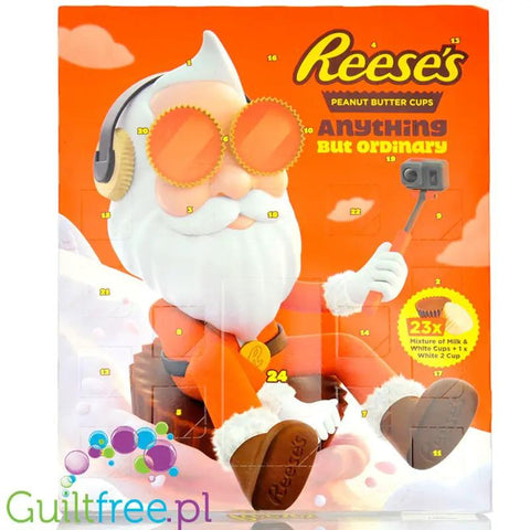 Kalendarz adwentowy Guiltfree Reese's 2026 z grafiką Mikołaja w słuchawkach i 24 okienkami na słodycze z masłem orzechowym