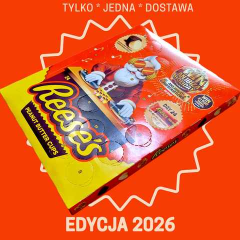 Kalendarz adwentowy Guiltfree Reese's Peanut Butter Cups edycja 2026 z grafiką Mikołaja DJ-a na pomarańczowym tle.