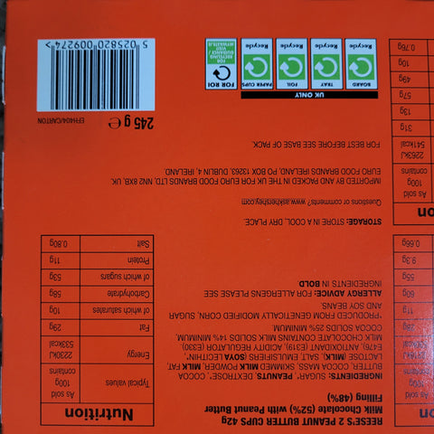 Tylna strona opakowania kalendarza adwentowego Guiltfree Reese's z tabelą wartości odżywczych i składem produktu.