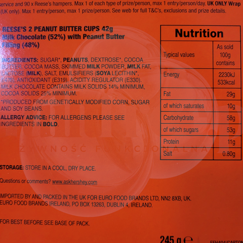Tabela wartości odżywczych na pomarańczowym opakowaniu kalendarza adwentowego Guiltfree Reese's Peanut Butter Cups