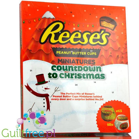 Świąteczny kalendarz adwentowy Guiltfree Reese's z 24 okienkami, wypełniony czekoladkami z masłem orzechowym.