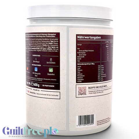 Guiltfree Rocka Nutrition Natural Protein Classic Kakao w opakowaniu 600g z widoczną tabelą wartości odżywczych