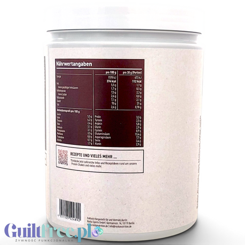 Guiltfree Rocka Nutrition Natural Protein Classic Kakao, etykieta z tabelą wartości odżywczych na opakowaniu 600g