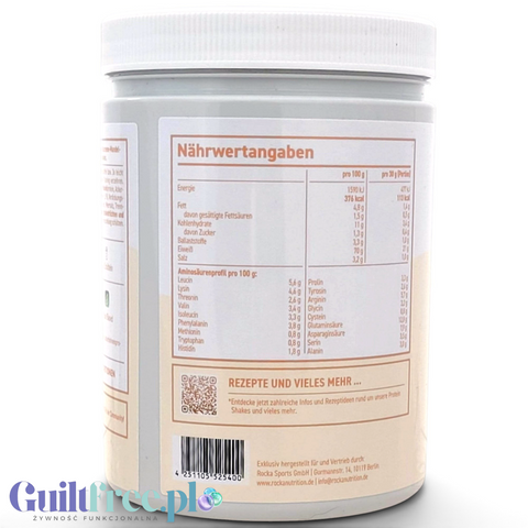 Tabela wartości odżywczych na opakowaniu wegańskiej odżywki białkowej Guiltfree Rocka Nutrition Coconut Almond Cream