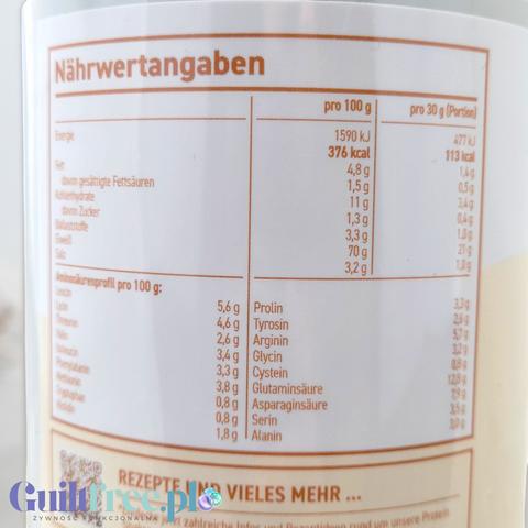 Tabela wartości odżywczych wegańskiej odżywki białkowej Guiltfree Rocka Nutrition Coconut Almond Cream