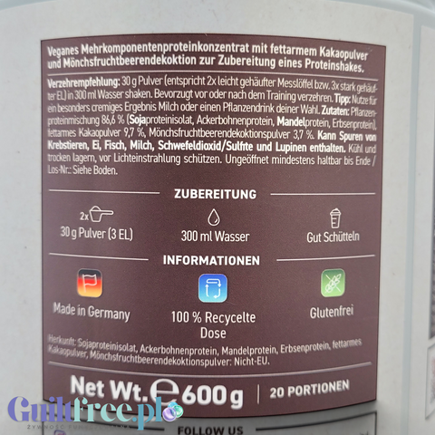 Guiltfree Rocka Nutrition wegańska odżywka białkowa z kakao, etykieta z informacjami o składzie i przygotowaniu