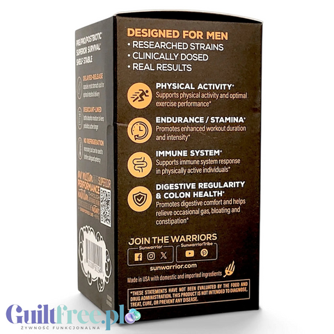 Opakowanie suplementu Guiltfree Sunwarrior Men's Probiotic z opisem korzyści dla aktywnych mężczyzn i układu trawiennego