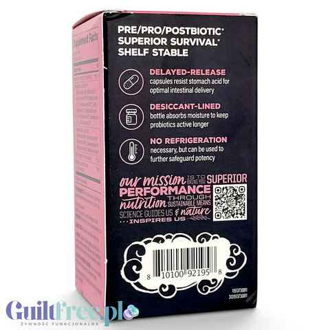 Tylna strona opakowania Guiltfree Sunwarrior Women's Probiotic z informacjami o technologii kapsułek i przechowywaniu.