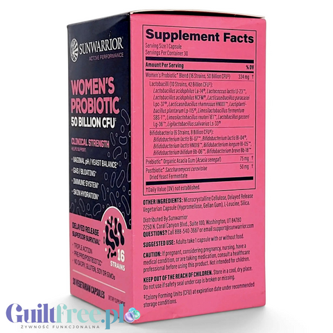 Opakowanie suplementu Guiltfree Sunwarrior Women's Probiotic z widocznym składem 16 szczepów bakterii i 50 mld CFU.