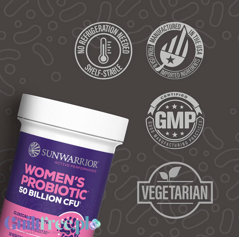 Suplement Guiltfree Sunwarrior Women's Probiotic 50 mld CFU w fioletowej butelce z oznaczeniami wegetariańskimi