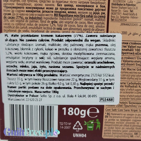 Etykieta produktu Sweet Plus Sugar Free Cocoa z informacją o składzie, wartościach odżywczych i masie 180g