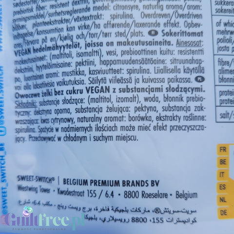 Etykieta z tyłu opakowania żelków Guiltfree Sweet Switch Baby Shark z informacjami o składzie i producencie