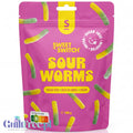 Opakowanie Guiltfree Sweet Switch Sour Worms, wegańskich żelków bez cukru o smaku cytryny i kwaśnego jabłka.