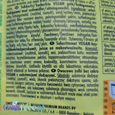 Tylna etykieta opakowania żelków Guiltfree Sweet Switch T-Rex z informacjami o składzie i wartościach odżywczych