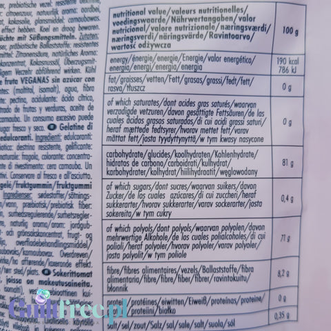 Tabela wartości odżywczych na opakowaniu wegańskich żelków Guiltfree Sweet Switch Unicorns bez cukru