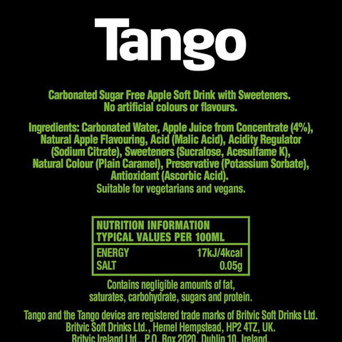 Etykieta Guiltfree Tango Sugar Free Apple z informacjami o składzie, wartościach odżywczych i braku cukru