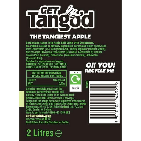 Guiltfree Tango Sugar Free Apple 2L etykieta napoju gazowanego z informacjami o składzie i wartościach odżywczych