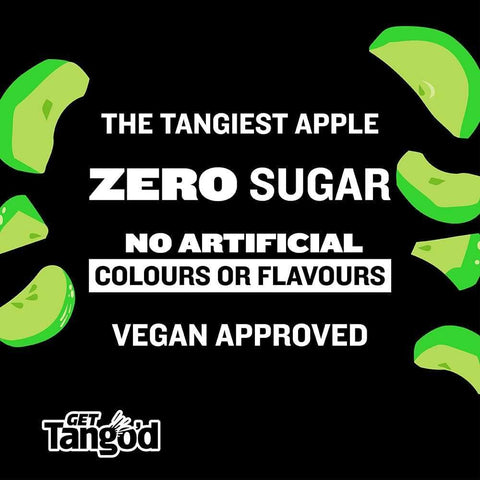 Grafika promocyjna Guiltfree dla napoju Tango Sugar Free Apple z ilustracjami zielonych jabłek na czarnym tle.