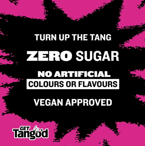 Grafika promocyjna Guiltfree przedstawiająca napój Tango Sugar Free Cherry z informacjami o braku cukru i weganizmie