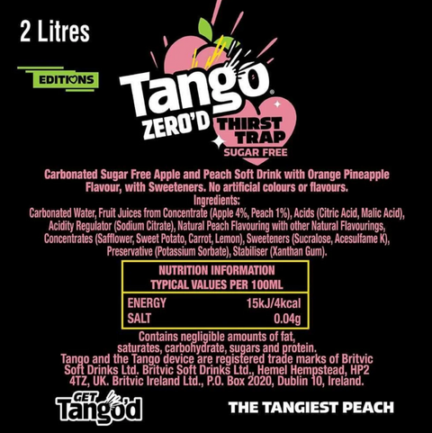 Guiltfree napój gazowany Tango Zero'd Thirst Trap o smaku brzoskwini, ananasa i pomarańczy, butelka 2 litry bez cukru
