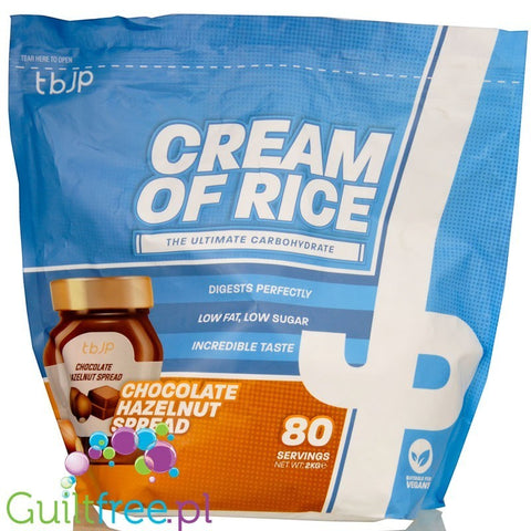 Opakowanie Guiltfree TBJP Cream of Rice o smaku czekoladowo-orzechowym, 2kg kleiku ryżowego dla sportowców.