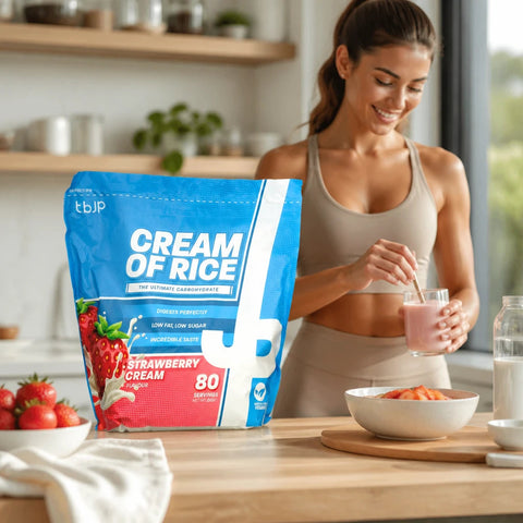 Guiltfree TBJP Cream of Rice o smaku truskawkowym w opakowaniu 2kg na kuchennym blacie obok kobiety przygotowującej posiłek