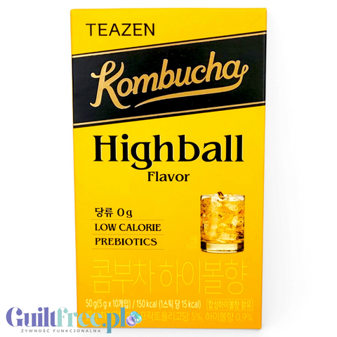 Opakowanie Guiltfree TEAZEN Kombucha Highball o smaku drinka, 10 saszetek bez cukru i niskokalorycznych.