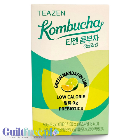 Opakowanie Guiltfree TEAZEN Kombucha o smaku zielonej mandarynki i limonki, 10 saszetek z prebiotykami.