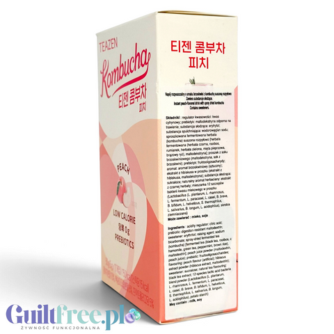 Opakowanie Guiltfree TEAZEN Kombucha Peach z brzoskwinią, prebiotykami i bakteriami kwasu mlekowego w saszetkach