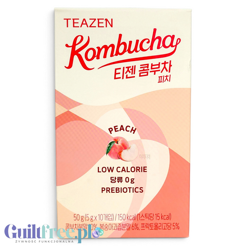 Opakowanie Guiltfree TEAZEN Kombucha Peach, koreański napój instant z brzoskwinią, prebiotykami i bakteriami