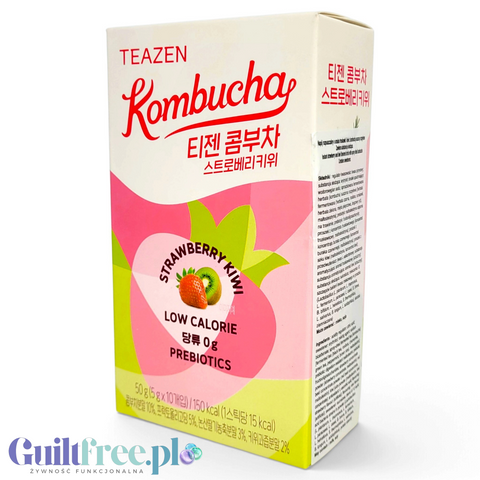 Opakowanie Guiltfree TEAZEN Kombucha o smaku truskawki i kiwi, niskokaloryczny napój w saszetkach z prebiotykami.