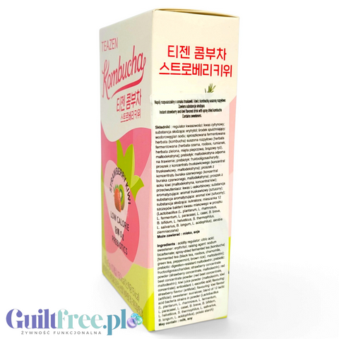 Opakowanie Guiltfree TEAZEN Kombucha o smaku truskawki i kiwi, niskokaloryczny napój w proszku z probiotykami.
