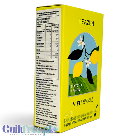 Opakowanie Guiltfree TEAZEN V FIT Matcha Lemon z grafiką cytryn, napój instant z matchą i ekstraktami roślinnymi.