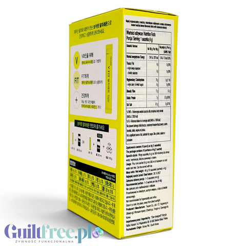 Opakowanie Guiltfree TEAZEN V FIT Matcha Lemon z informacjami o składzie i wartościach odżywczych napoju instant.
