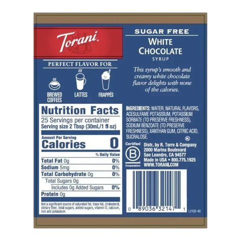 Torani White Chocolate 0,75L - syrop do kawy bez cukru o smaku Biała Czekolada by Torani (torani-syrop-bez-cukru-biala-czekolada-0kcal)