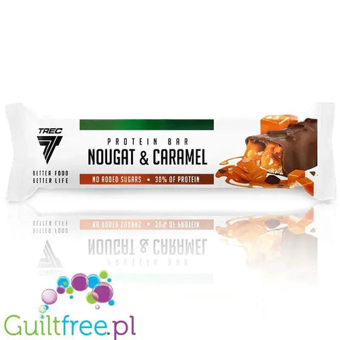 Baton proteinowy Guiltfree Trec Nougat & Caramel w mlecznej czekoladzie z nadzieniem nugatowo-karmelowym i orzeszkami