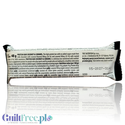 Tył opakowania batona proteinowego Guiltfree Trec Protein Coconut & Caramel z widocznym składem i wartościami odżywczymi