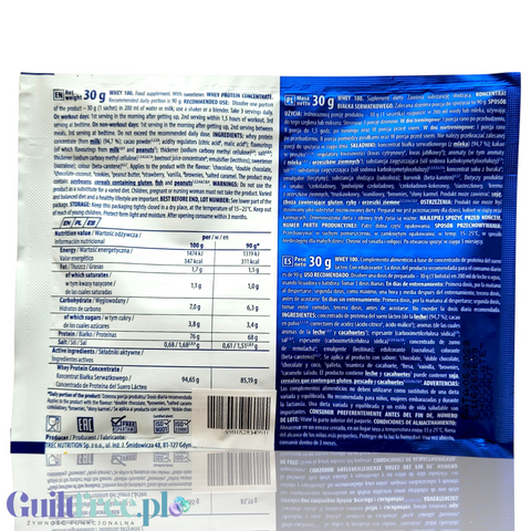 Guiltfree Trec Nutrition Whey 100 vanilla protein powder 30g sachet back view with nutritional information and ingredients