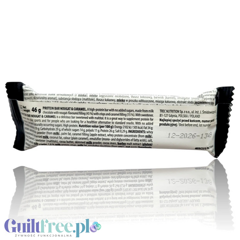 Tył opakowania batona proteinowego Guiltfree Trec Protein Nougat & Caramel z widocznym składem i wartościami