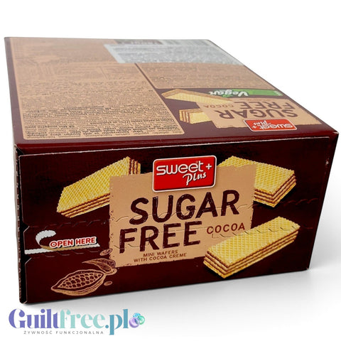 Opakowanie Guiltfree Sweet Plus Sugar Free Cocoa, wegańskie mini wafelki z kremem kakaowym bez dodatku cukru.