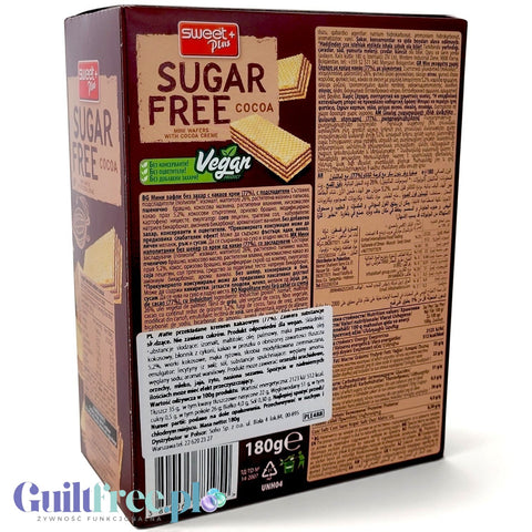 Opakowanie Guiltfree Sweet Plus Sugar Free Cocoa, wegańskie mini wafelki z kremem kakaowym bez dodatku cukru, 180g.