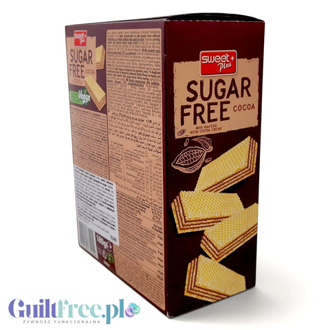 Opakowanie Guiltfree Sweet Plus Sugar Free Cocoa, wegańskie mini wafelki z kremem kakaowym bez dodatku cukru.