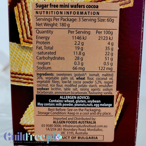 Tabela wartości odżywczych na opakowaniu wegańskich wafelków kakaowych bez cukru Guiltfree Sweet Plus