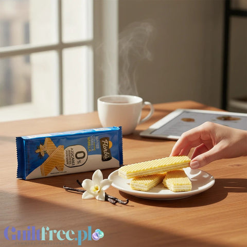 Guiltfree wafle Florbu z kremem waniliowym bez dodatku cukru na talerzyku obok filiżanki gorącej kawy