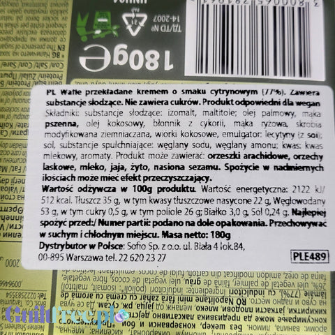 Guiltfree wegańskie mini wafelki cytrynowe bez dodatku cukru w opakowaniu 180g z widocznym składem i wartościami