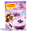 Opakowanie budyniu Winiary Blueberry Muffin bez cukru z grafiką borówkowej babeczki i miseczki kremowego deseru